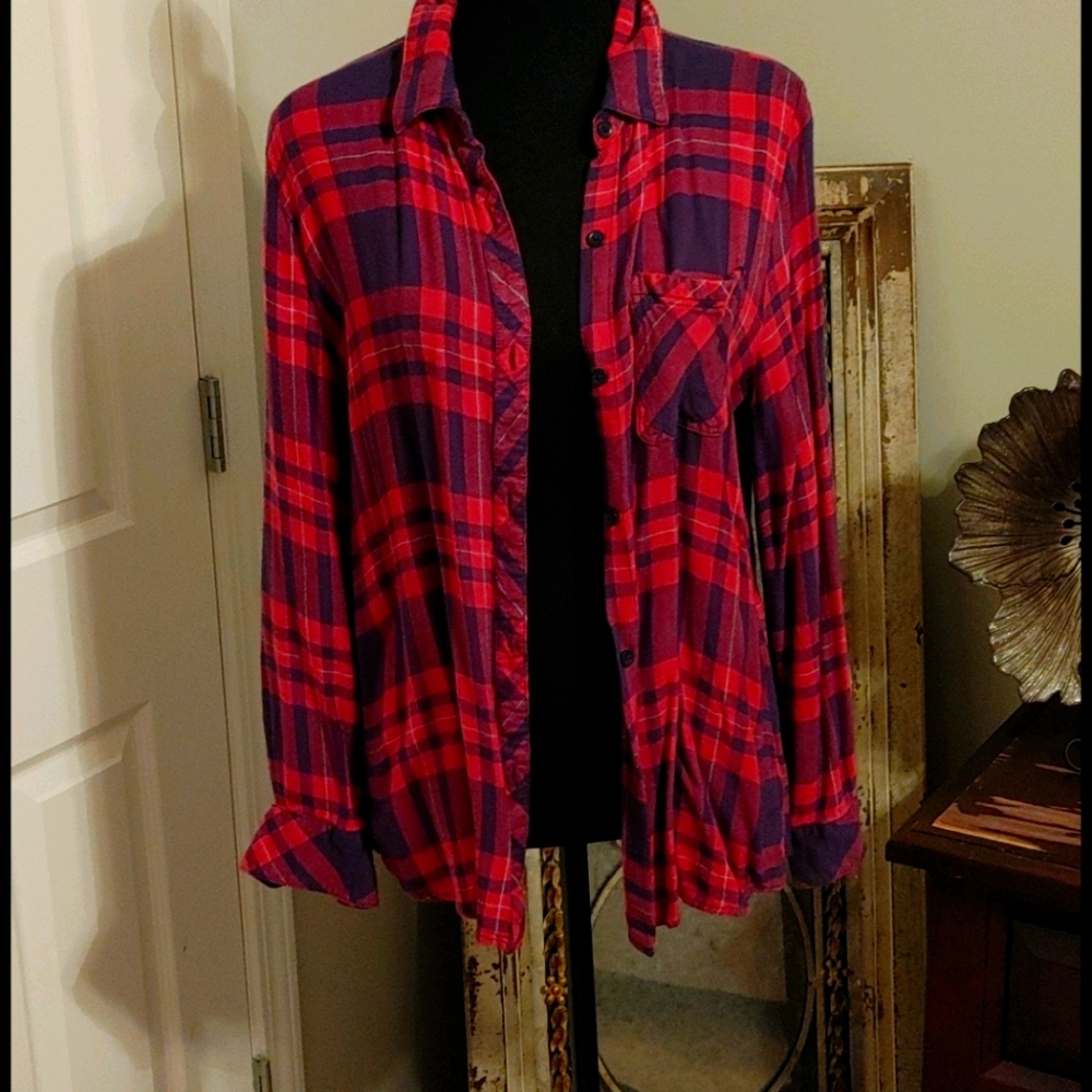 Pink and navy plaid button down